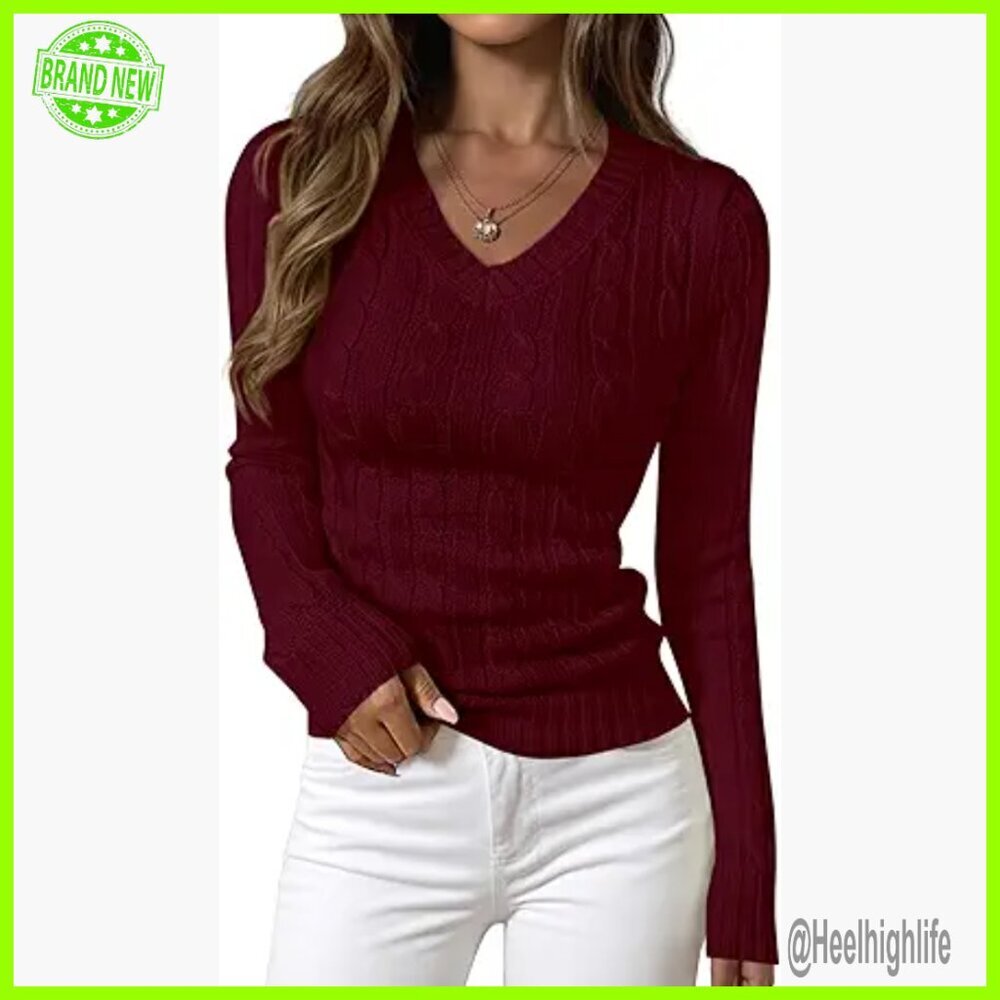 V-Neck Cable Knit Pullover Sweater Fitted Long Sleeve Ribbed Top